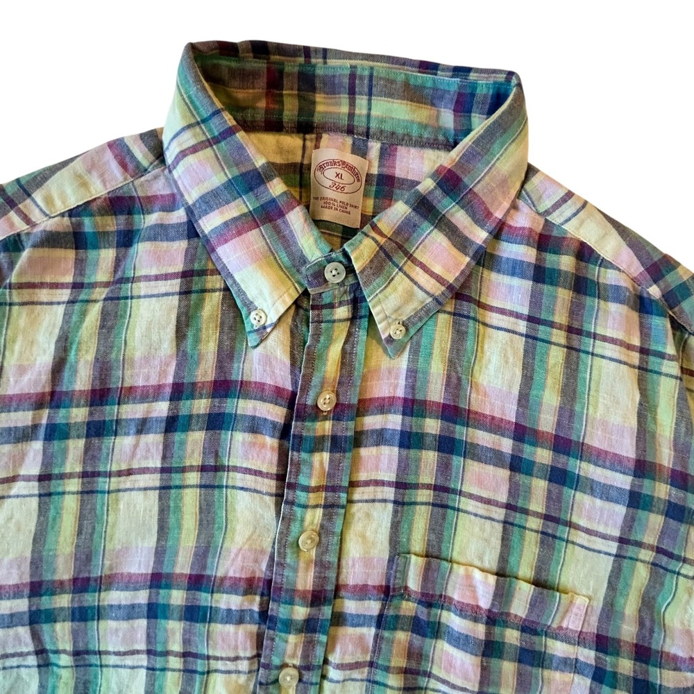 Brooks Brothers 346 Mens XL Linen Plaid Short Sleeve Button Down Shirt Multi